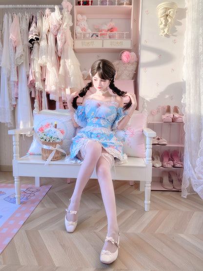 Candy Fairy Cute Blue Cinnamon Dog Lace Camisole Puff Sleeve Top & Skirt Pajamas Two Piece Set