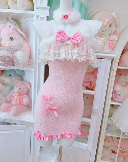 Candy Fairy Plush Pink Bow Cat Ears Fur Cutie Sexy Bodycon Dress