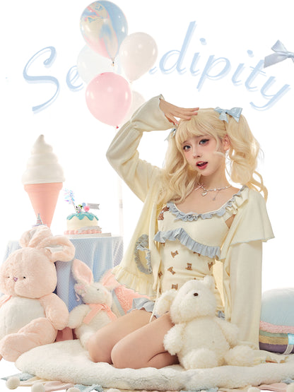 Serendipity Good Night Teddy Bear Cream Blue Strap Dress & Cardigan Pajamas Two Piece Set