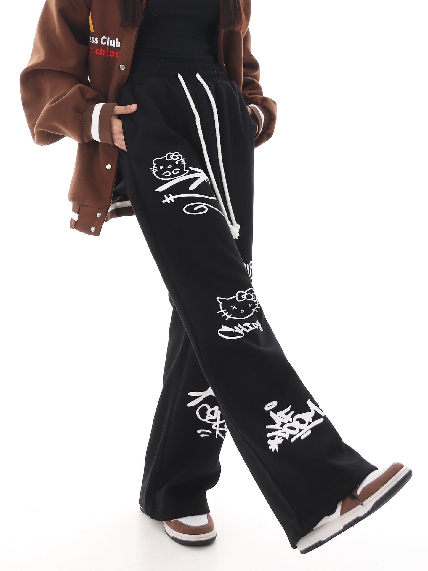 Graffiti Cartoon Kitty Cat White Black Red Cotton Sweatpants Pants