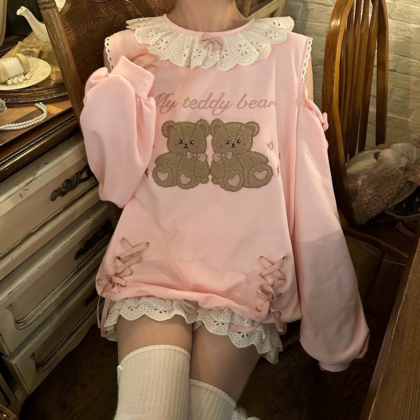 EGL Coquette Bow Ribbon Teddy Bear Pink Sweatshirt