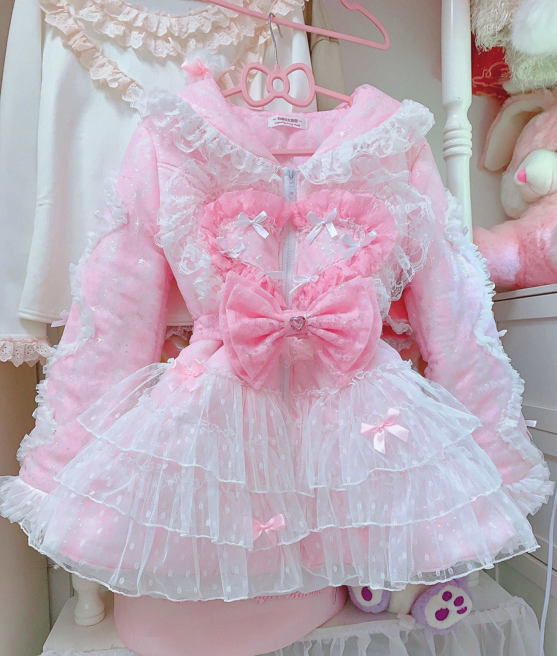 Candy Fairy Sparkling Pink Princess Bow Ruffled Thick Winter Coat Dress