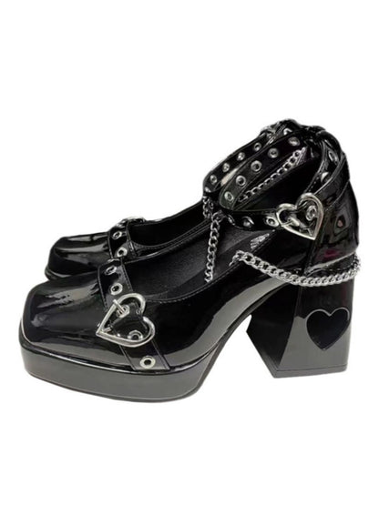 Yishicha Heart EGL Chain Shackles Square Toe High Heels Platform Shoes