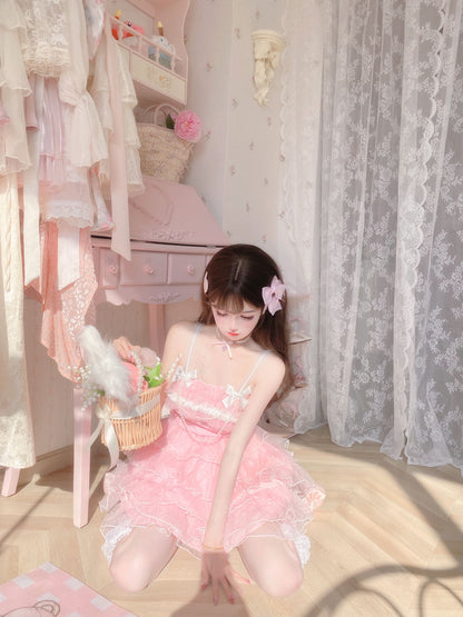 Candy Fairy Coquette Light Pink Party Princess Ruffled Strap Dress