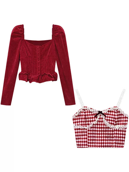 Creamy Sweet Cute Plaid Camisole & Red Velvet Shirt Top Two Piece Set