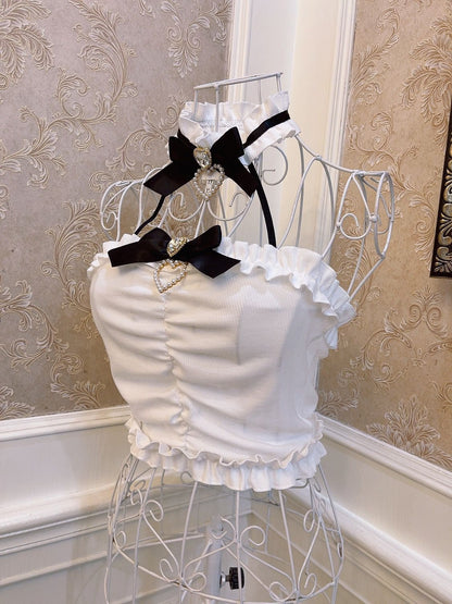 Sweetheart Princess Black & White Brooch Bow Bandeau Top