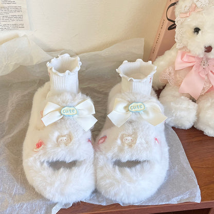 Decorative Cartoon Bow White Plush Fluff Slippers Shoes