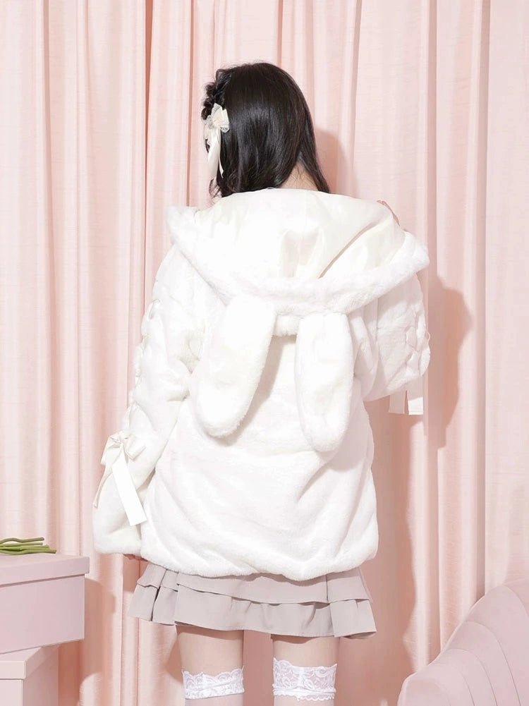 Jirai Kei Pink White Black Rabbit Ears Thick Winter Hoodie Jacket