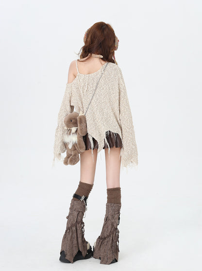 Crazy Girl Early Autumn Brown Cream Ripped Knit Sweater Top