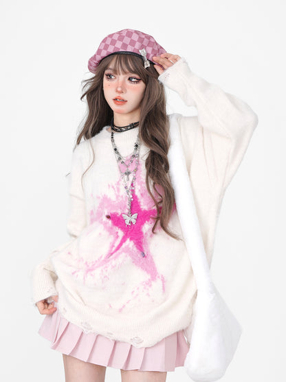 Young Eyes Star Pink Blue Autumn Winter Round Neck Pullover Sweater