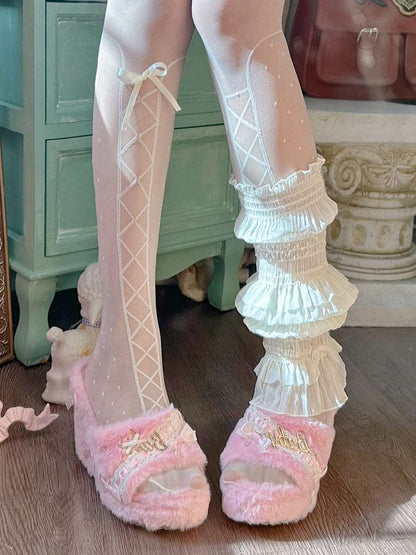 Coquette Princess Pink Bow Plush Lace High Heels Shoes