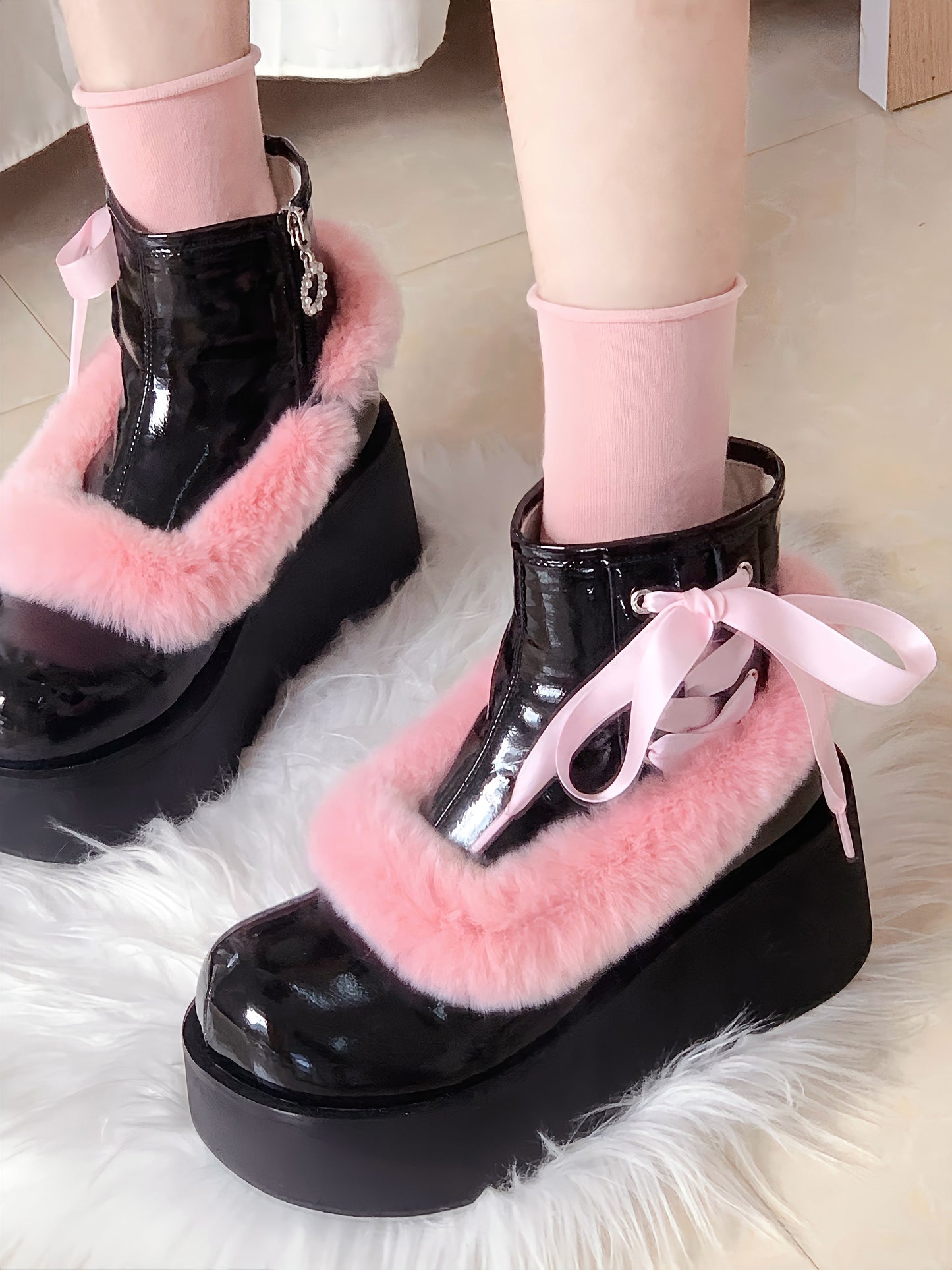 Stars Crown Lolita Winter Fur Pink White Black Platform Boots