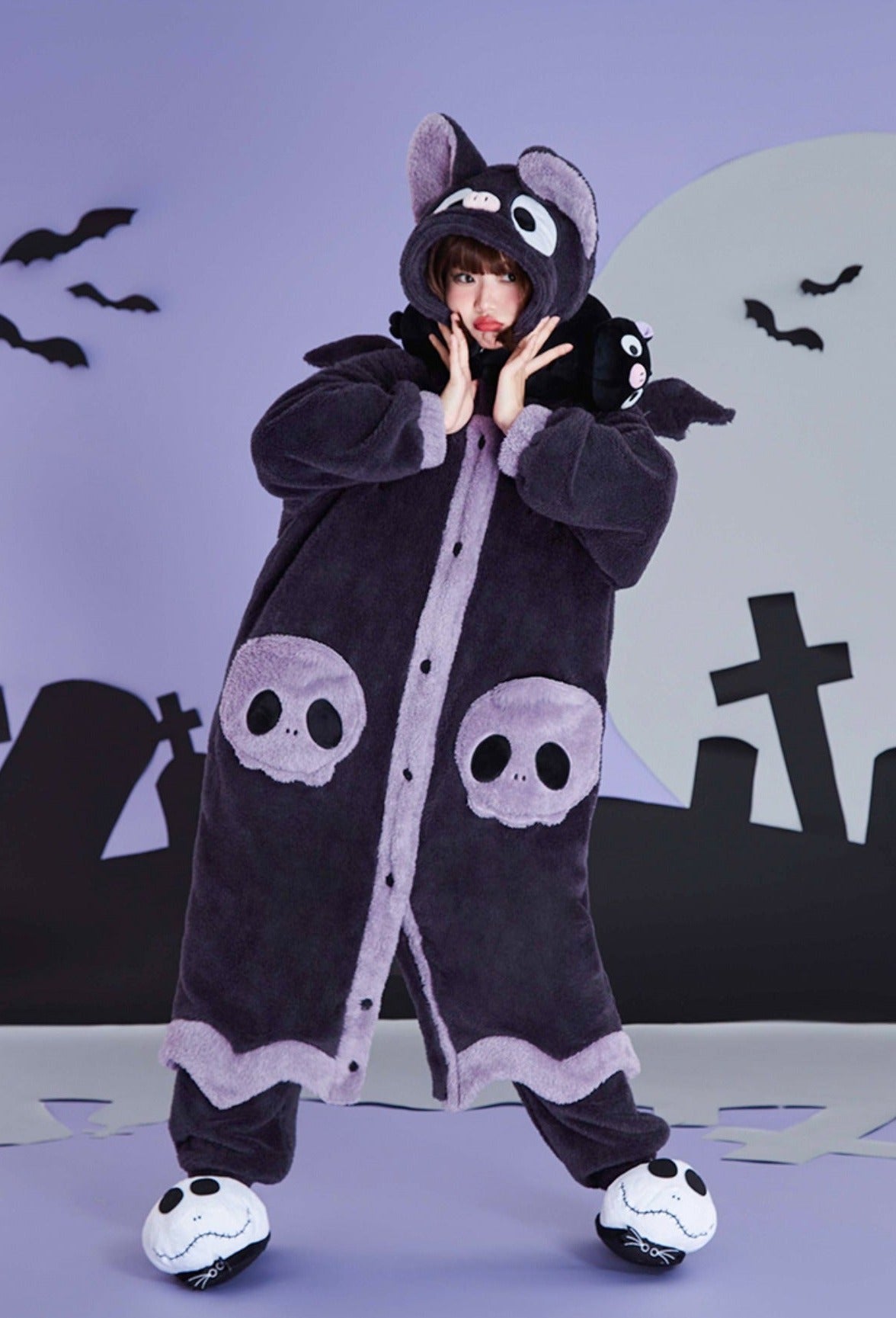 Halloween Black Spooky Bat Ears Hooded Nightgown Long Bathrobe Pants Pajamas