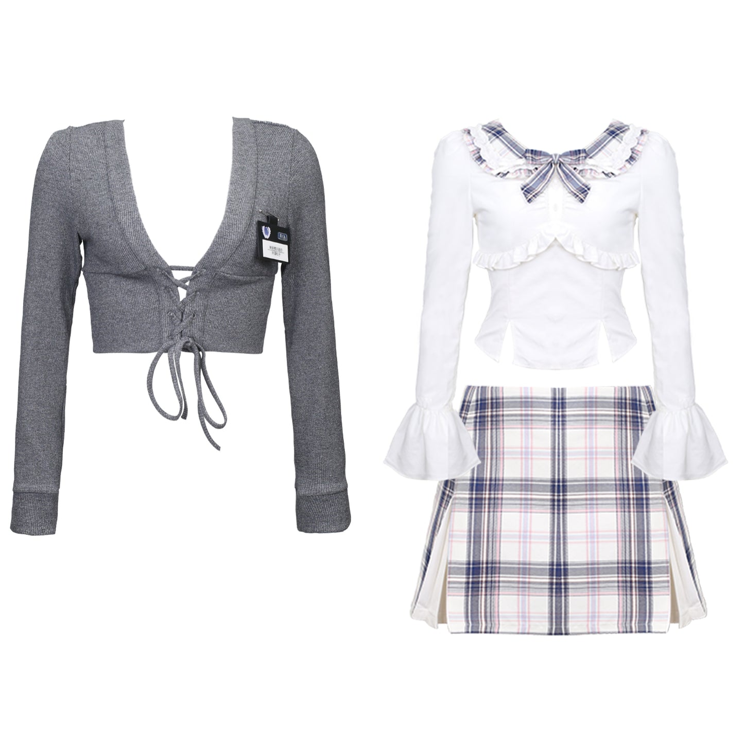 Serendipity Seoul Academia Gray Cardigan & White Skirt & Plaid Skirt Three Piece Set