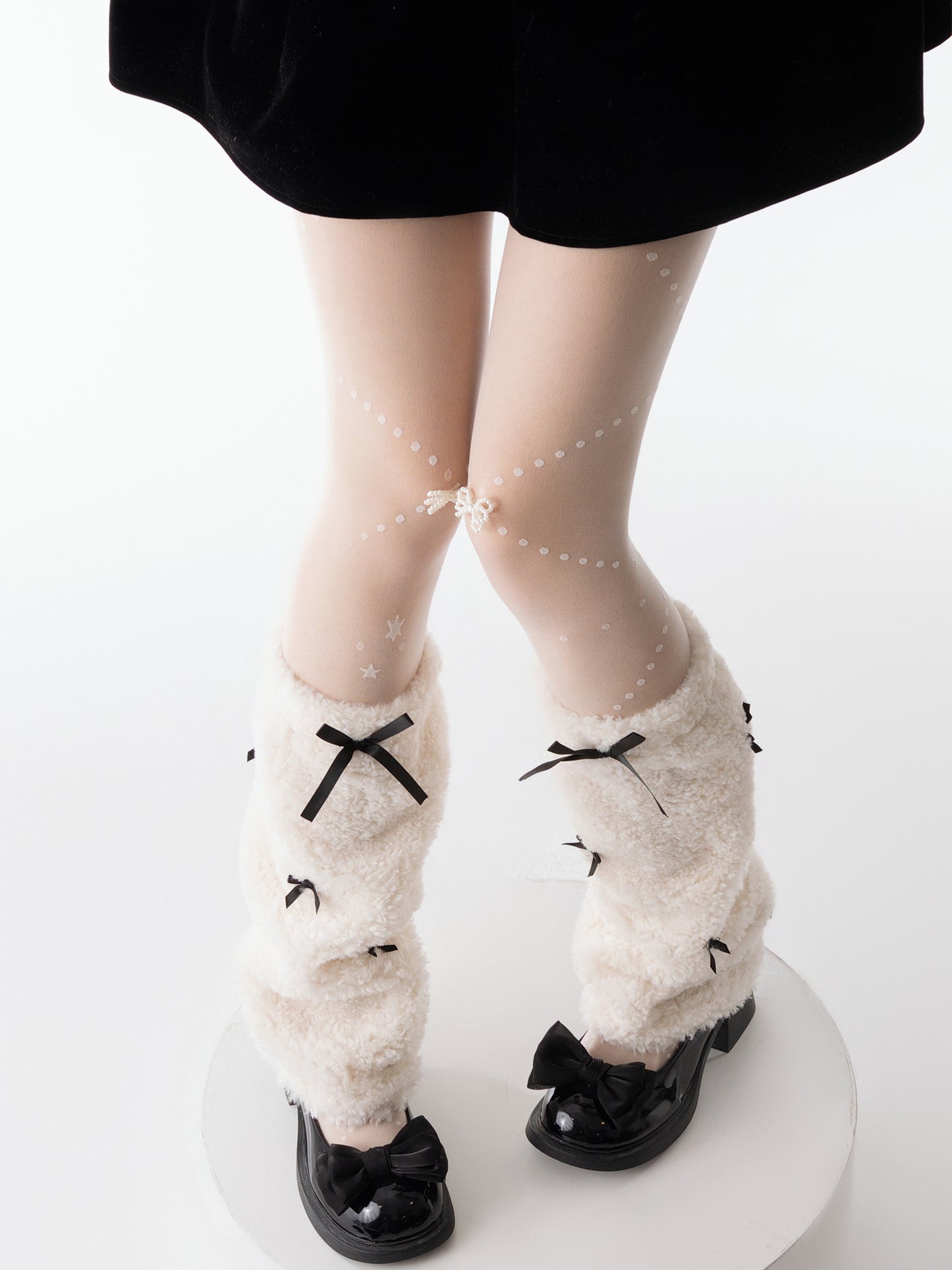 Fluffy Wool Black Bow Coquette White Warm Leg Warmers