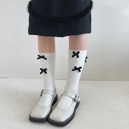 Autumn Winter Sweet Balletcore Coquette Ribbon Bow Plush Velvet Heart Mid Calf Socks