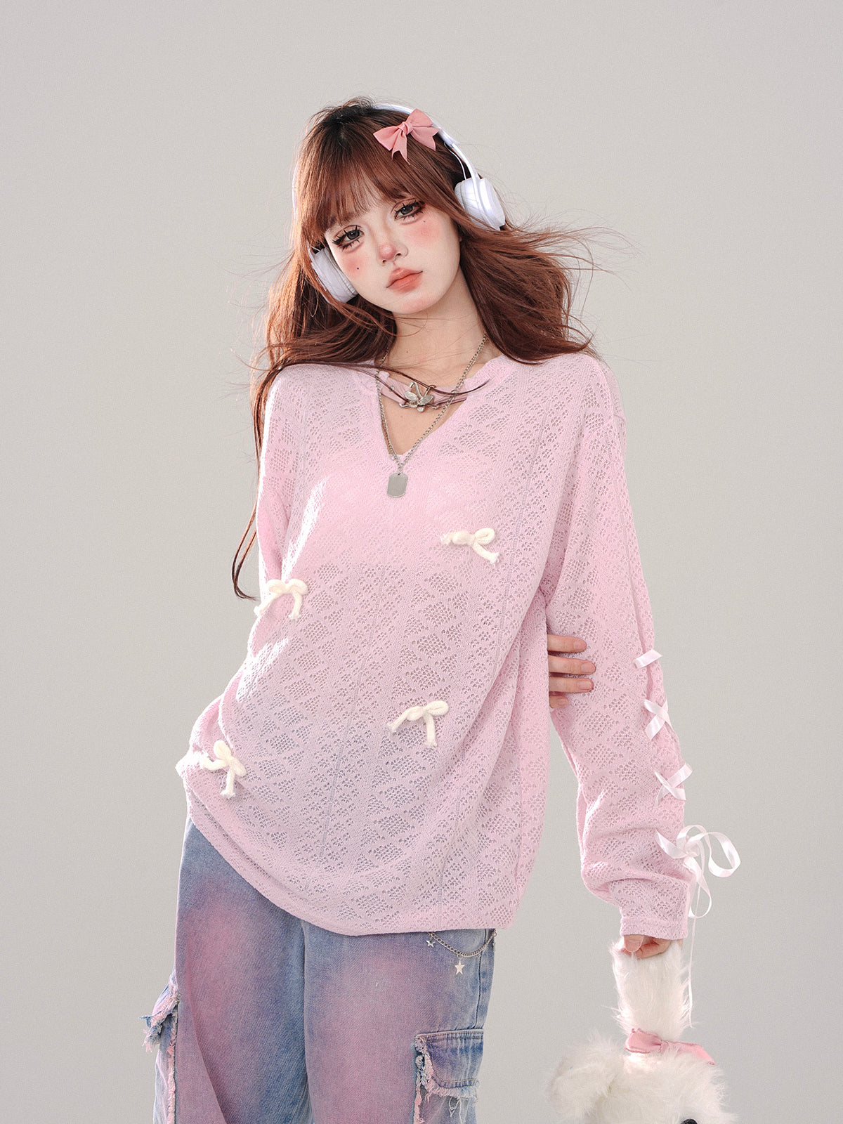 Young Eyes Apricot Bow Pink Cream See Through Knit Sweater Top