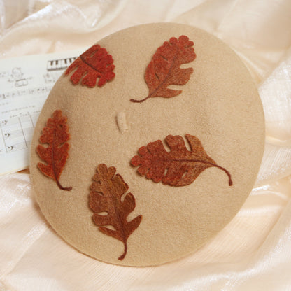 Cute Handmade Classic Khaki Autumn Leaves Fall Girl Wool Beret Hat