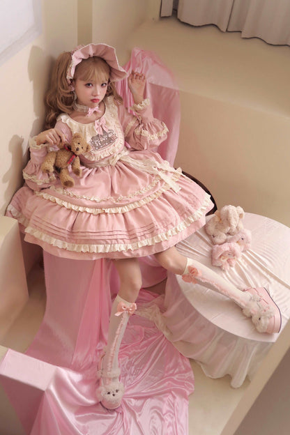 EGL Bear Pink Brown Puff Sleeve Ruffle Cake Dress