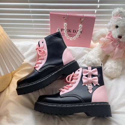 Pink Bows Black Platform Combat Boots