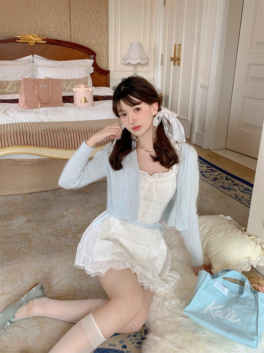 Creamy Sweet Blue Ribbon White Lace Camisole Top & Skirt & Cardigan Three Piece Set