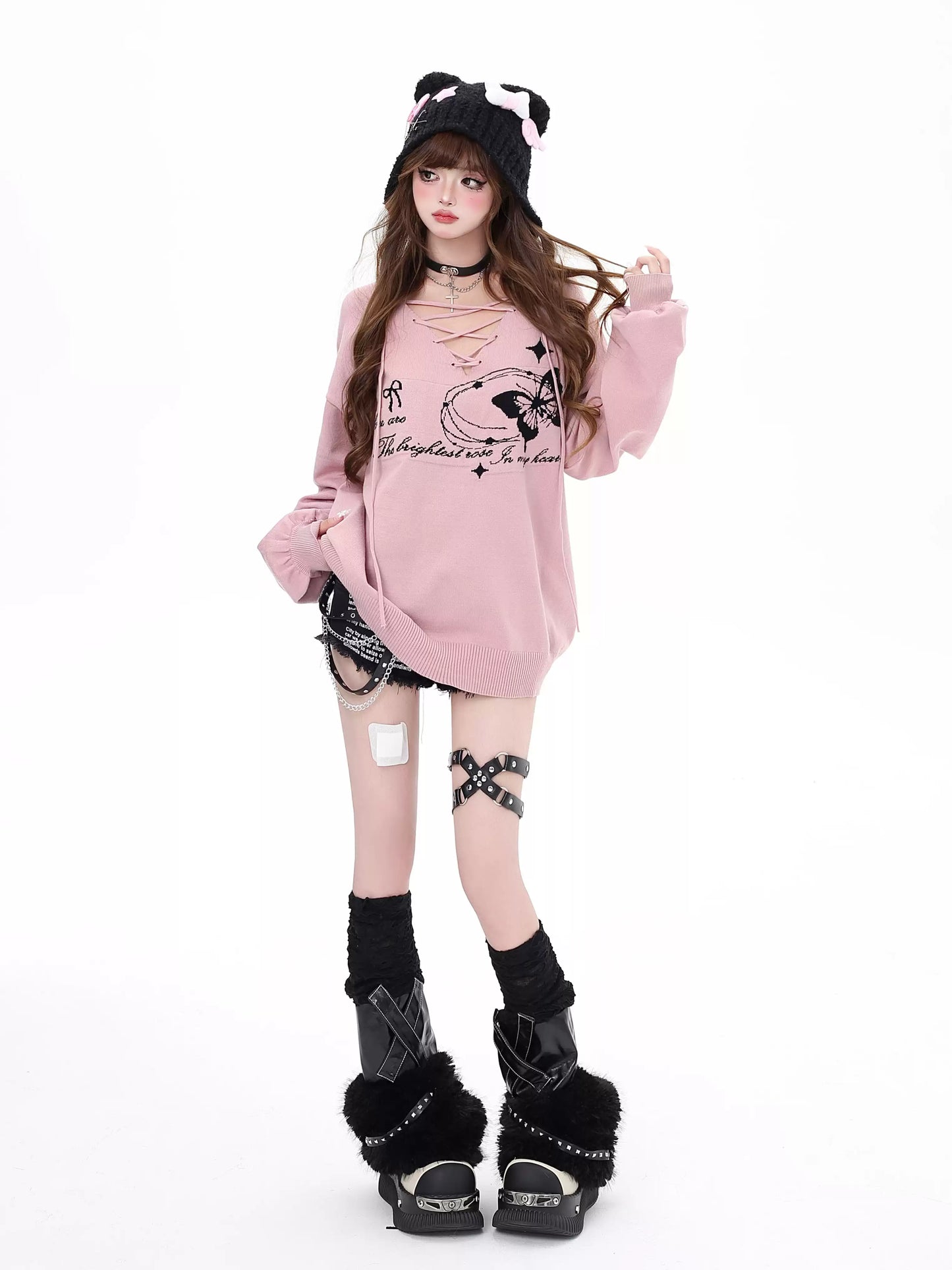 Crazy Girl Butterfly V-neck Black Pink Sweater