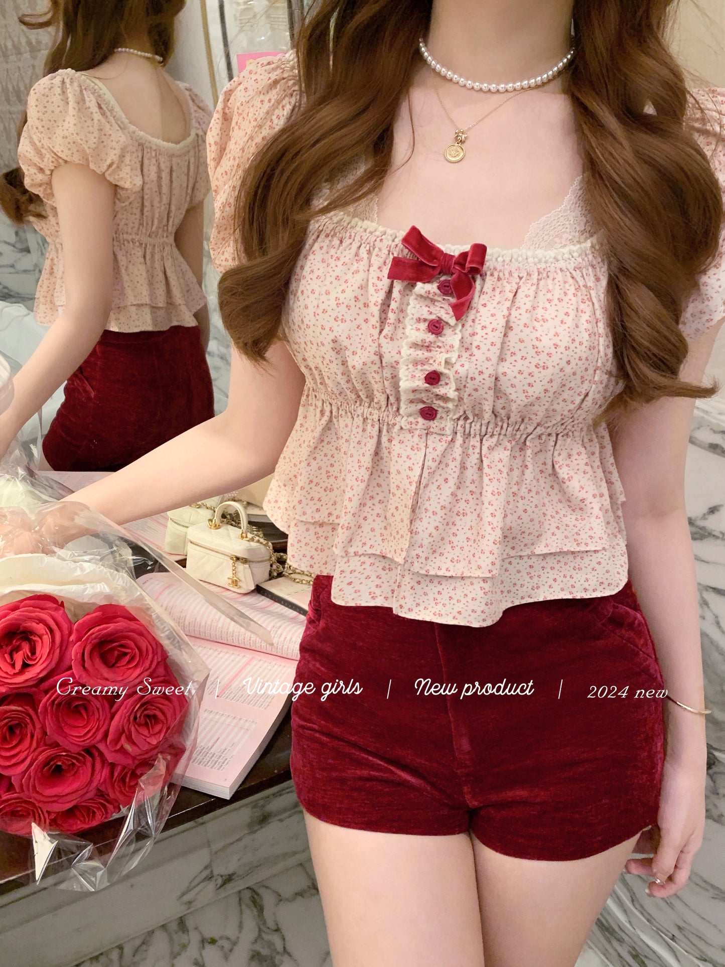 Creamy Sweet Floyd Rose Red Floral Puff Sleeve Blouse