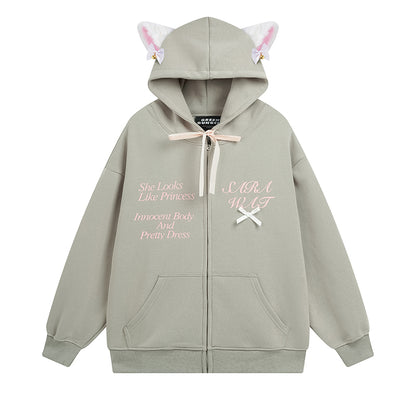 Serendipity Cute Pink Black Gray Coquette Princess Cat Ears Oversize Hoodie Jacket