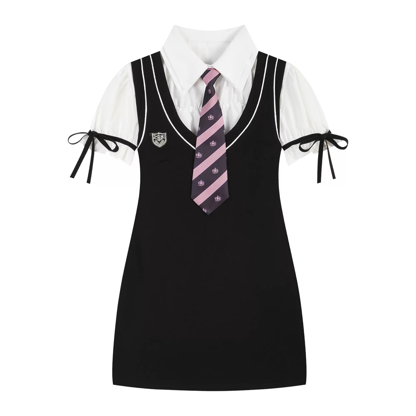 Young Eyes Preppy College School Girl Academia Black & White Shirt Dress Two Piece Set