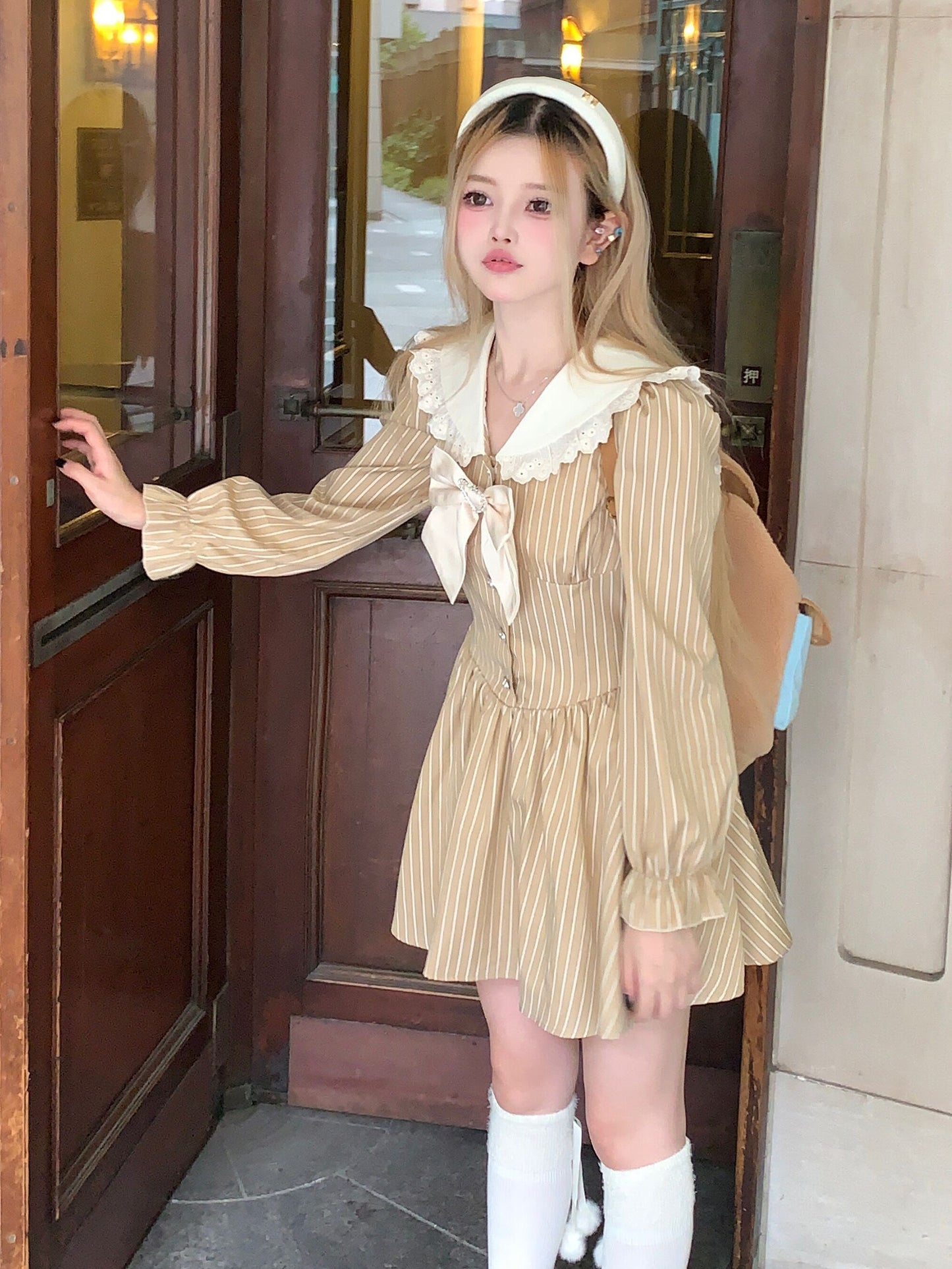 Picnic Girl Chic Fall Brown Beige Striped Sailor Collar Long Sleeve Dress