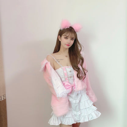 Candy Fairy Pink Plush Faux Rabbit Fur Pastel Pink Bow Lace Winter Jacket