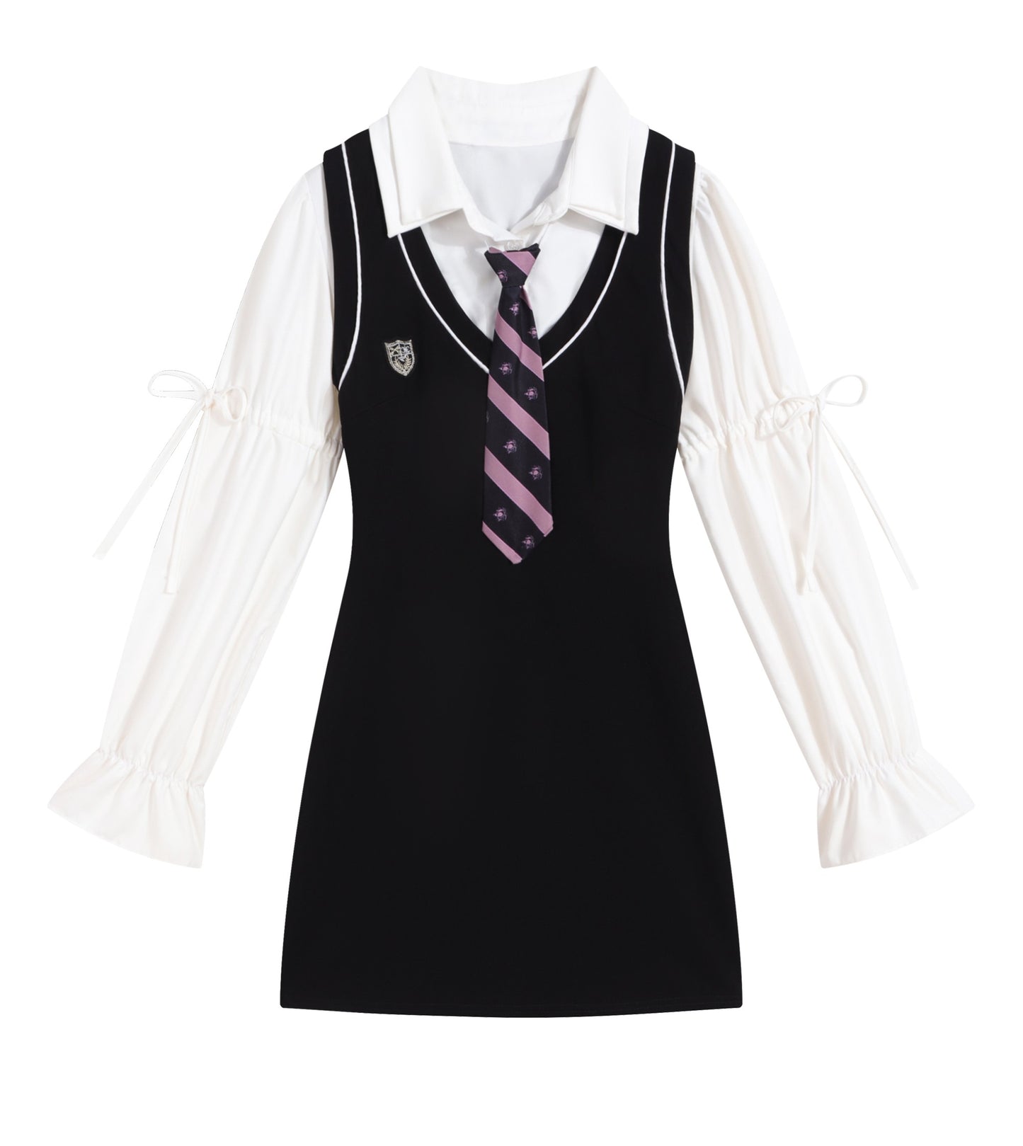 Young Eyes Preppy College School Girl Academia Black & White Shirt Dress Two Piece Set