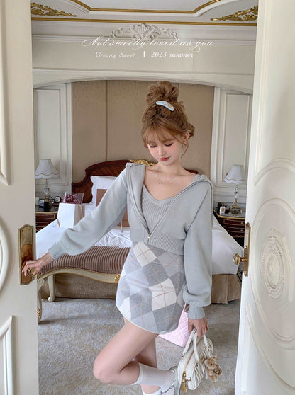 Creamy Sweet Coquette Chic Light Blue Knit Cardigan Camisole Gray Argyle Mini Skirt Three Piece Set