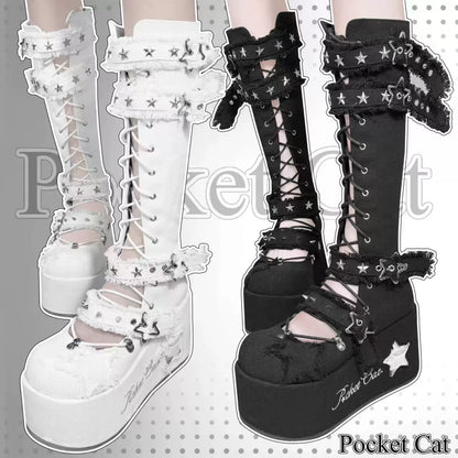 Pocket Cat Star Mark Black & White Chucky Knee High Boots