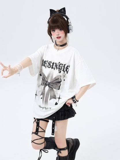 Crazy Girl Tiesingle Bow Black White Oversize T-shirt