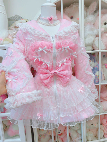 Candy Fairy Sparkling Pink Princess Bow Ruffled Thick Winter Coat Dress