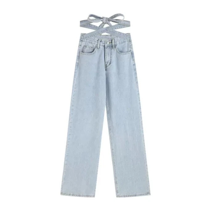 High Waist Strap Loose Wide Leg Trouser Pants Soft Denim Jeans