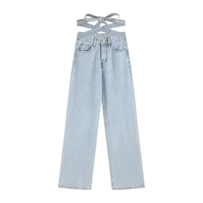 High Waist Strap Loose Wide Leg Trouser Pants Soft Denim Jeans