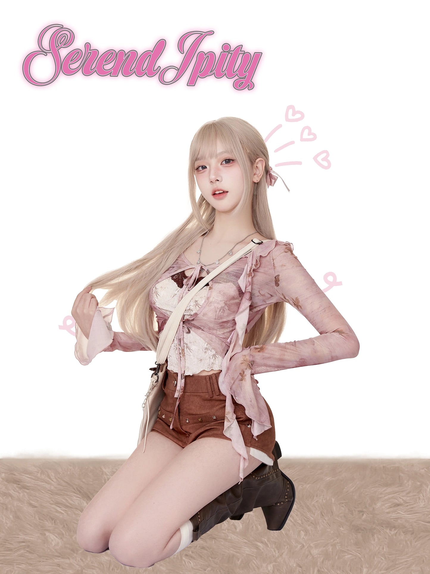 Serendipity Broken Butterfly Pink Cardigan & Camisole & Brown Shorts Three Piece Set