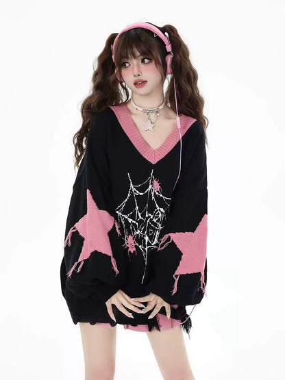 Crazy Girl Spider Halloween Pink Black Knit Sweater