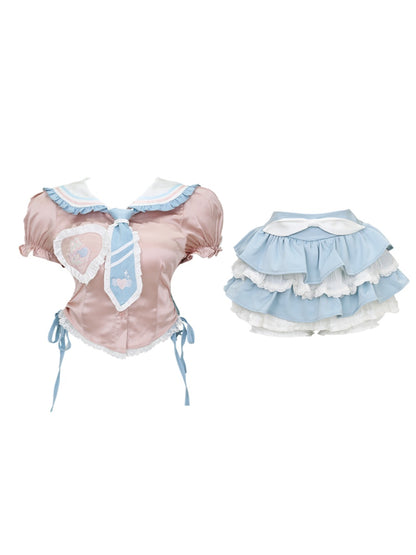 Serendipity Heartbeat Gummy Pink Blue Seifuku Sailor Collar Shirt Top & Skirt Two Piece Set