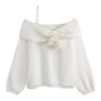 Lazy Girl Ice and Snow Cozy White Pompom Balls Sweater