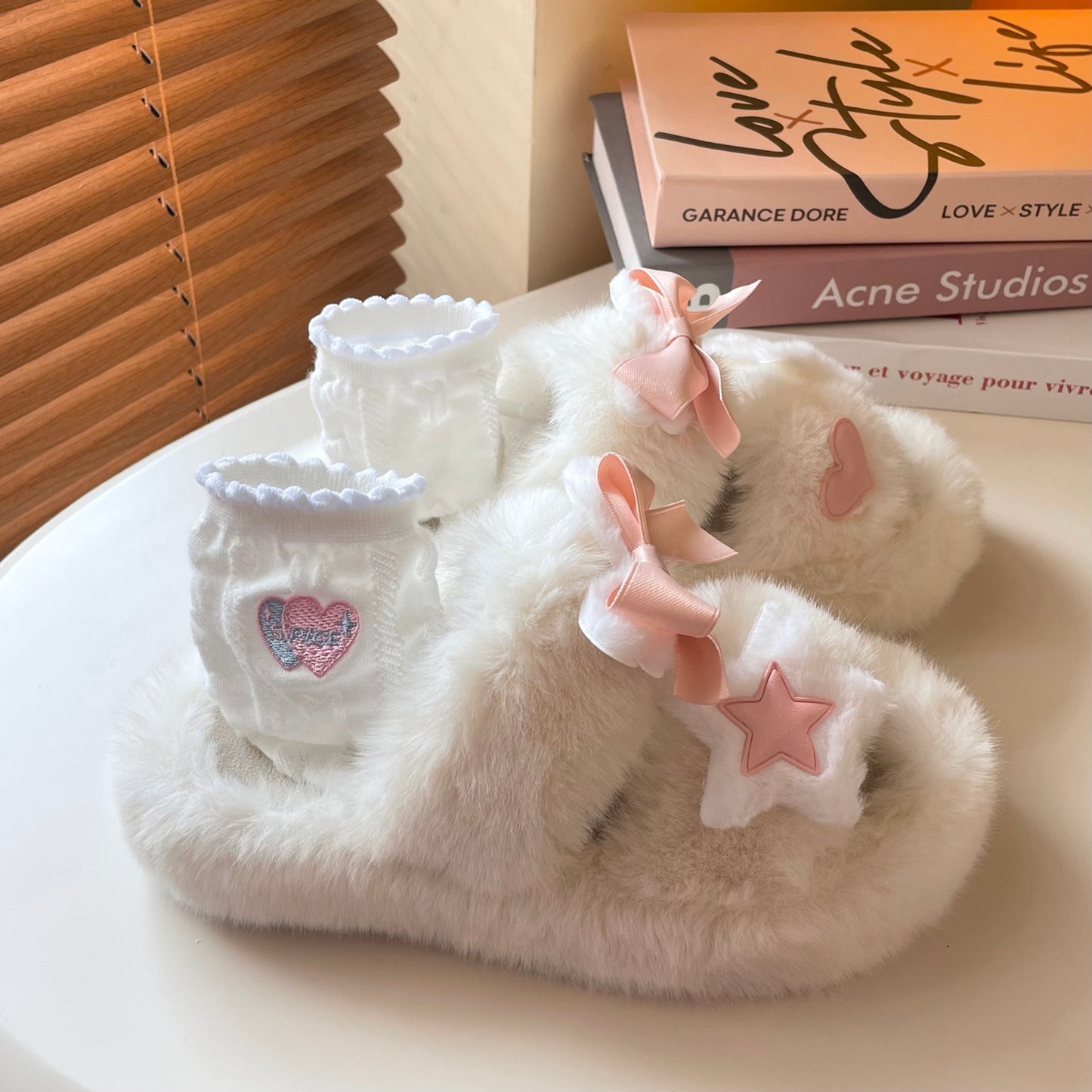 Star Heart Love Pink Bow Plush Fluff Slippers Shoes