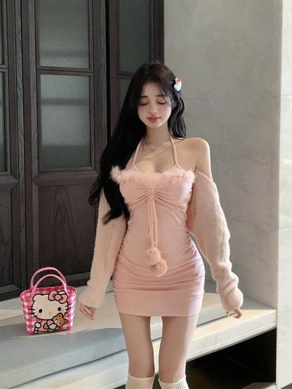 Fall Pink Cream Sexy Bodycon Pom Pom Balls Knit Strap Dress & Cardigan Two Piece Set