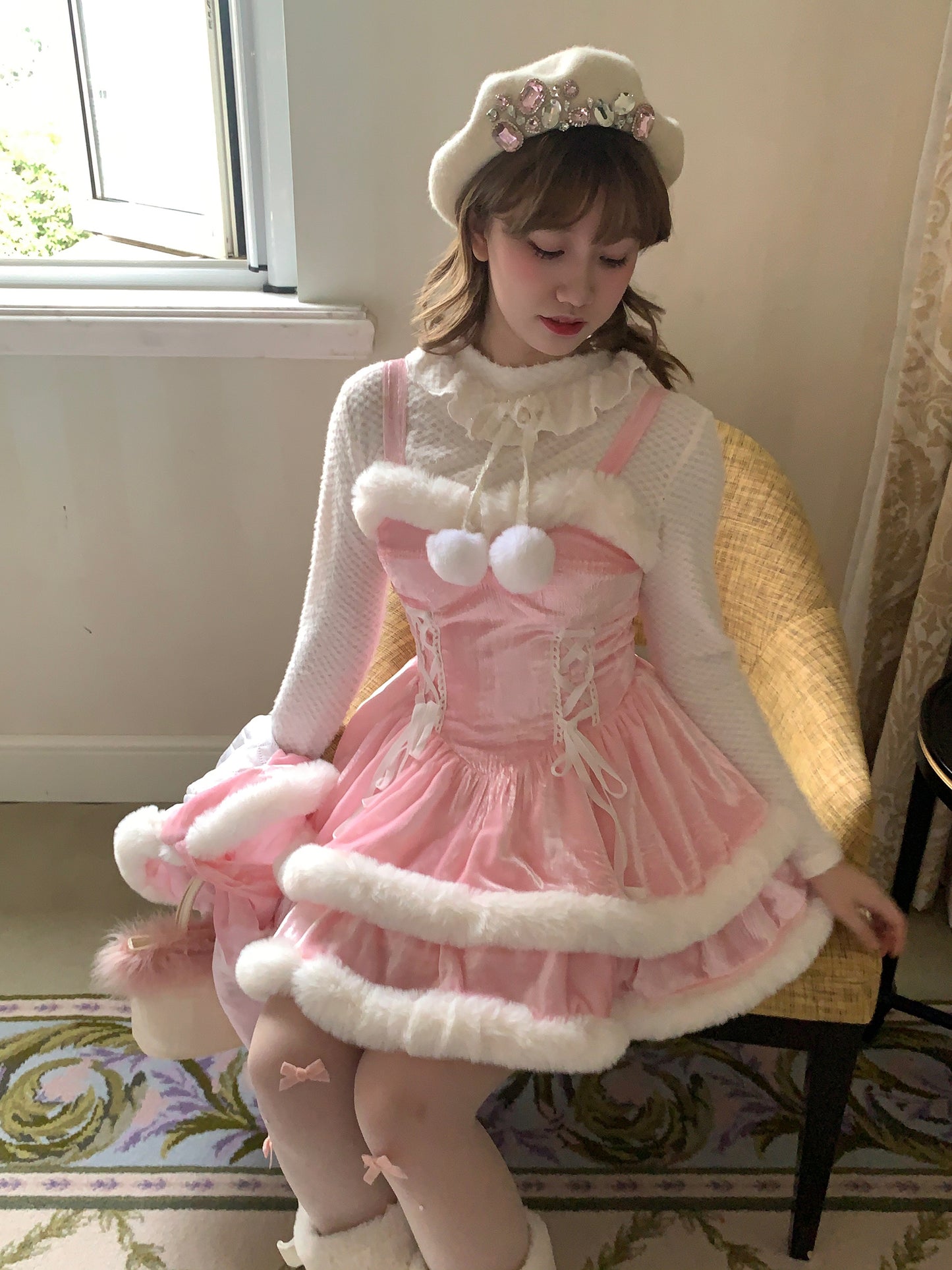 Picnic Girl Winter Christmas Holiday Sweet Lolita Pink Plush Ruffled Strap Dress & Cape Two Piece Set