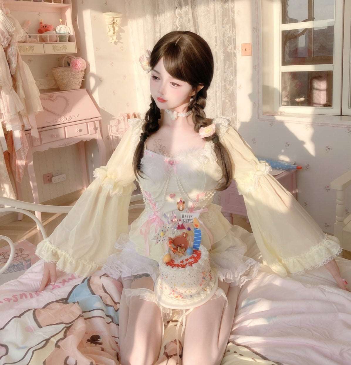 Candy Fairy Yellow Diamond Trumpet Sleeve Shirt Top & Ruffled Skirt Two Piece Set