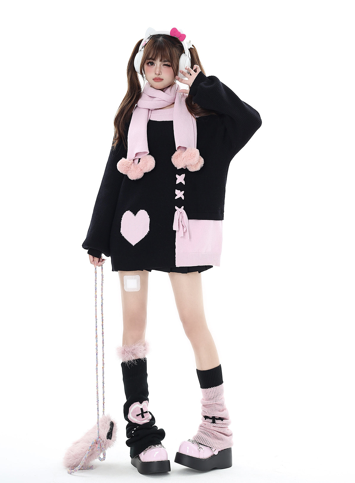 Crazy Girl Sweet Girl Knit Love Soft Pink Black With Scarf Sweater