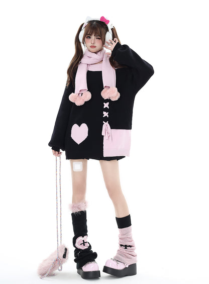 Crazy Girl Sweet Girl Knit Love Soft Pink Black With Scarf Sweater