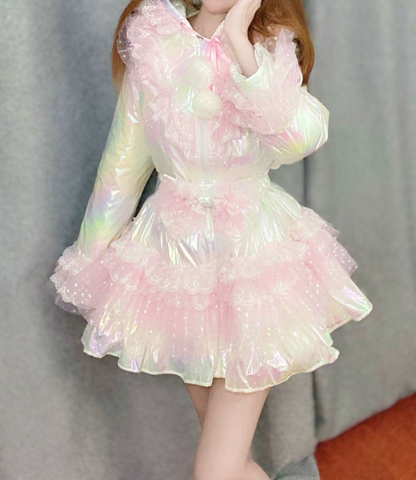 Candy Fairy Winter Sparkling Princess Rainbow Pink Ruffled Hooded Jacket Dress