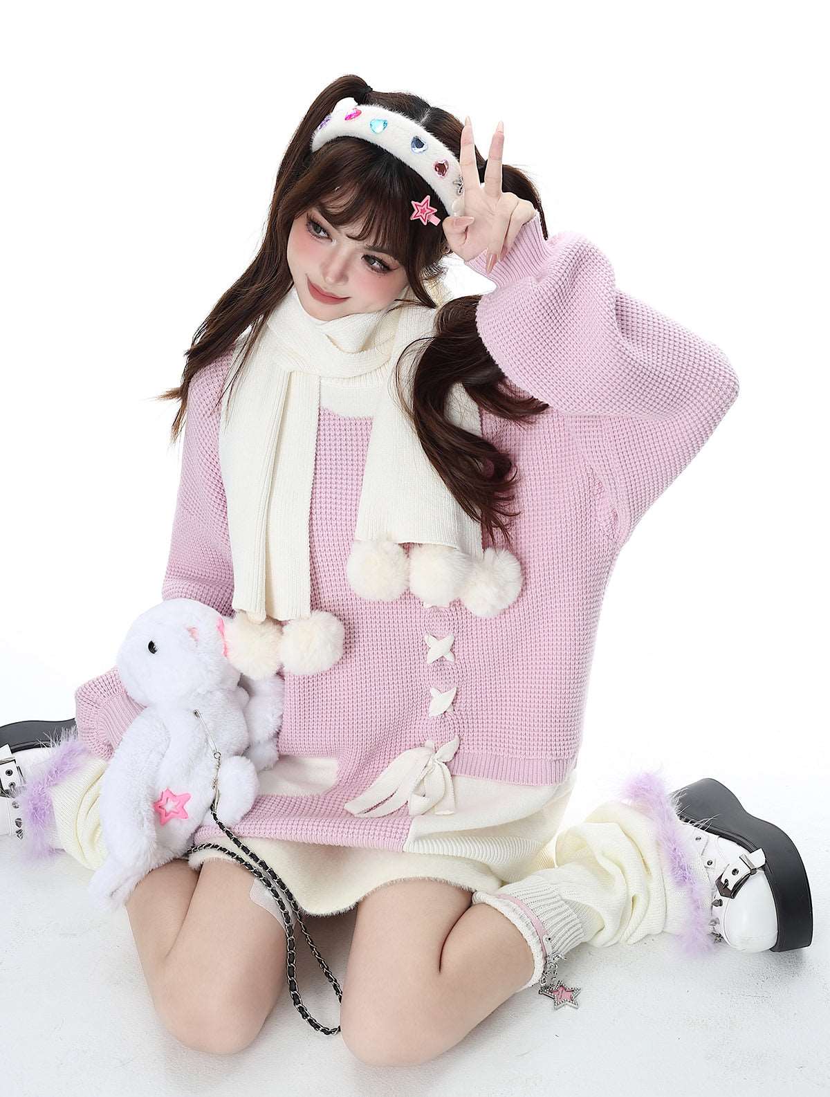 Crazy Girl Sweet Girl Knit Love Soft Pink Black With Scarf Sweater